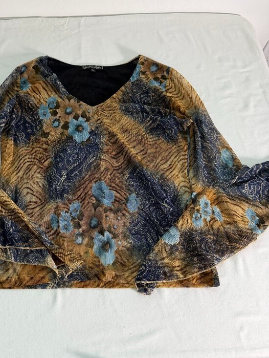 Jessica Max Tops - Jessica Max Sheer Mesh Top Women’s Large Paisley Floral Bell Sleeve Y2K Boho